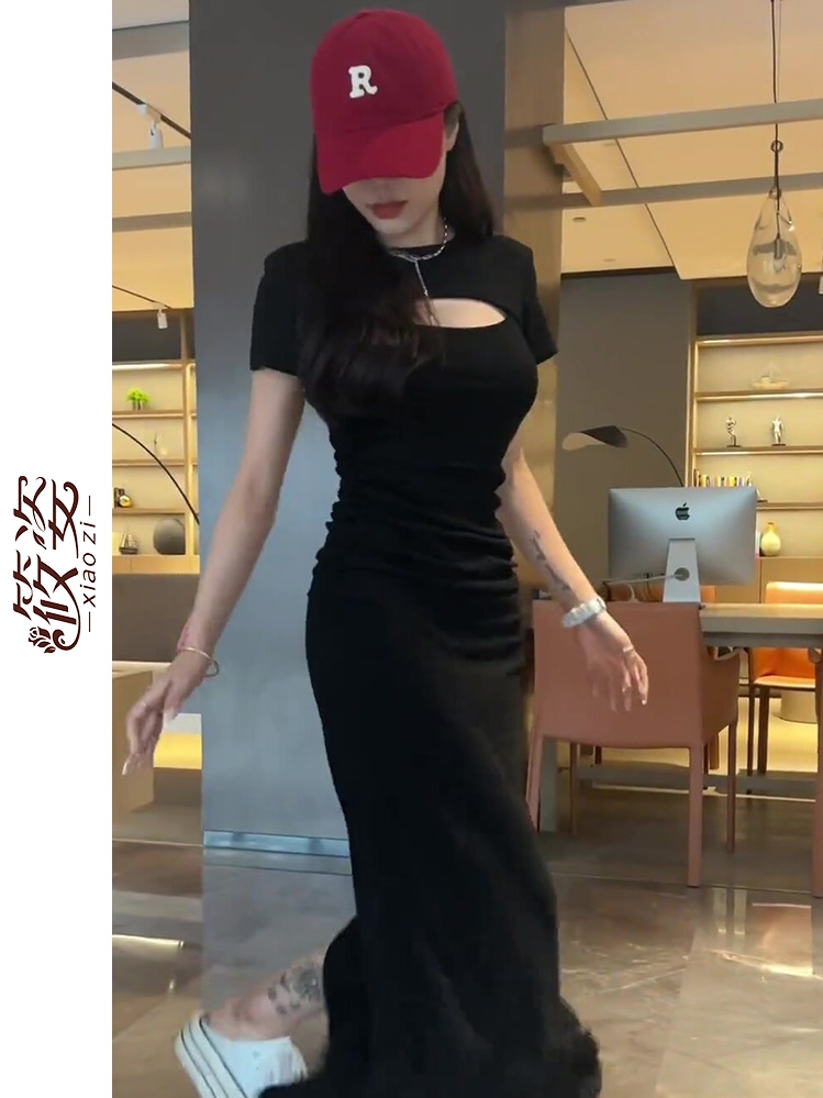 Xiaozi Temperament Black Hollow Fishtail Skirt  New Careful Machine Sexy Slim Thin Package Hip Dress