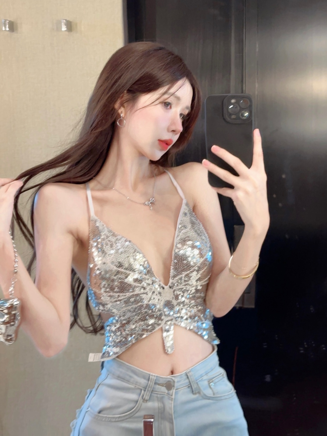 吊帶背心女歐美風輕奢高級感性感美式辣妹拽姐蝴蝶結亮片短款上衣