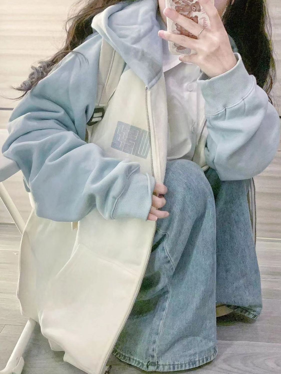 春秋季新款奶fufu拼接米白淺藍色連帽衛衣女寬鬆休閒顯瘦拉鏈開衫