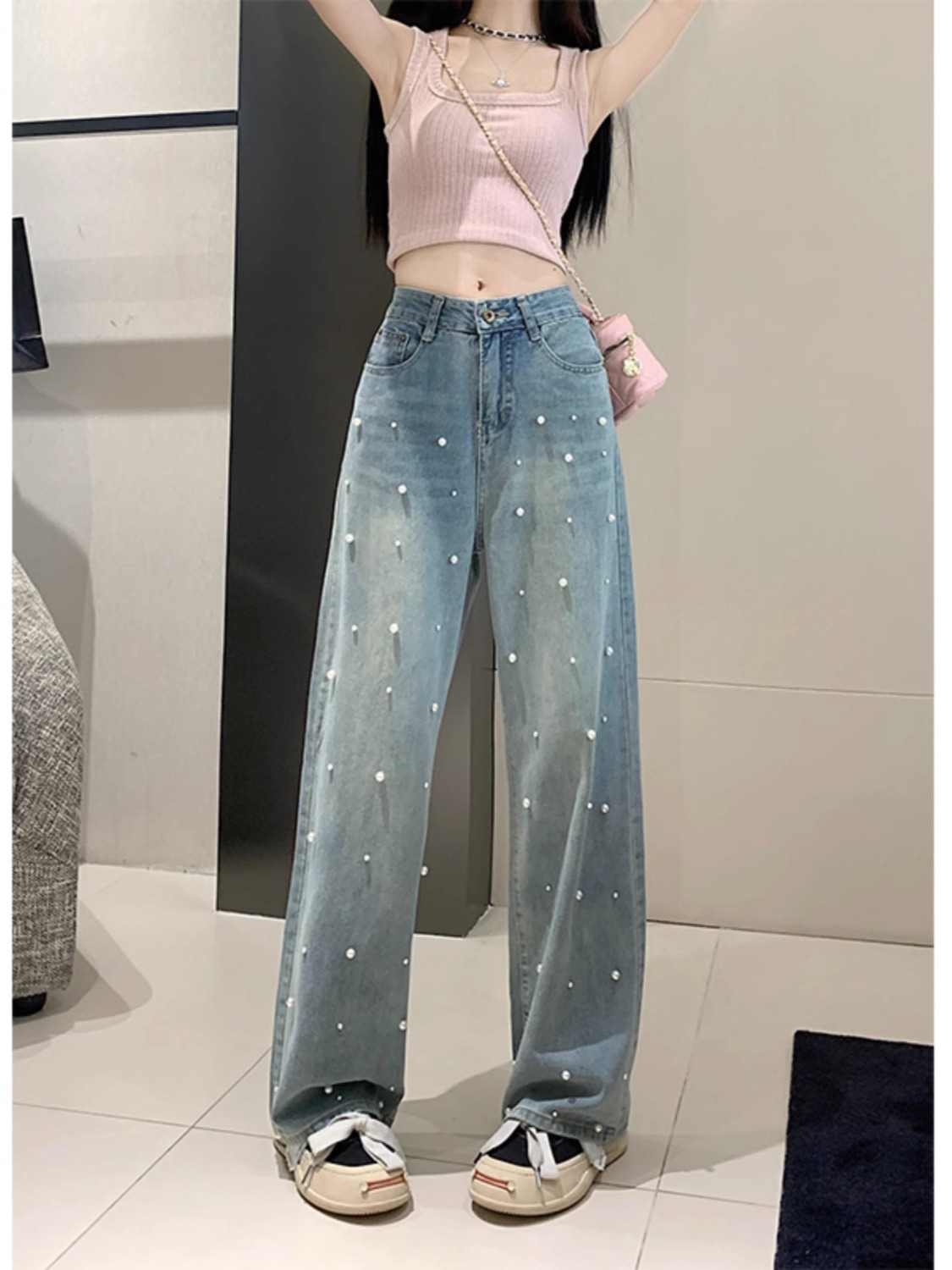 重工珍珠直筒牛仔褲女夏季韓版2023新款設計感高腰顯瘦闊腿長褲女