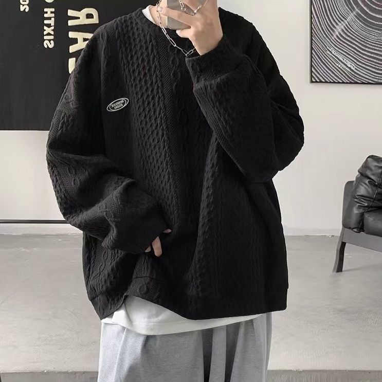 [Four-piece set] Autumn Korean version of Hong Kong style lazy twist round neck sweater men's matching trendy brand braided rope casual trousers