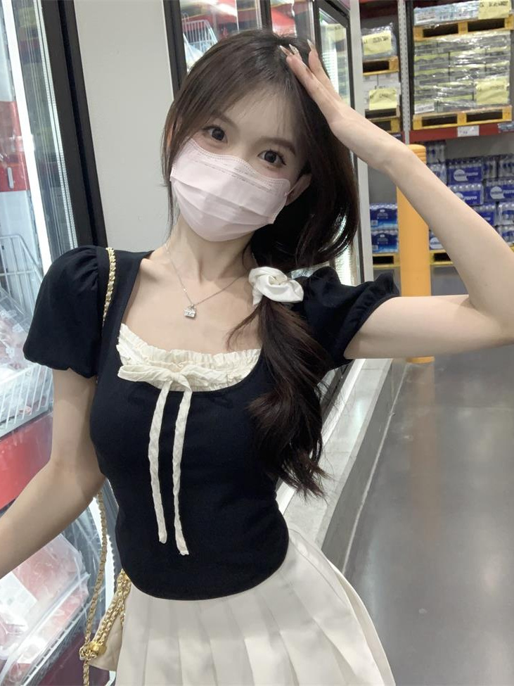 甜辣妹芭蕾風方領短袖t恤女夏季設計感小眾修身顯瘦短款百搭上衣