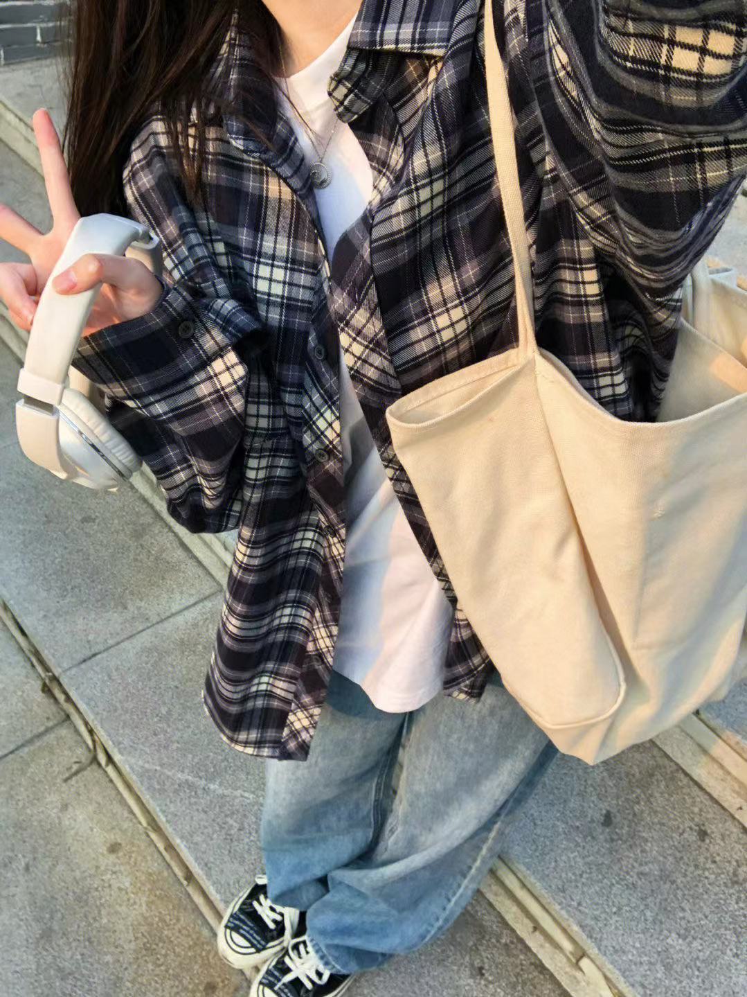 新款美式復古格子襯衫女春秋小眾港風寬鬆開衫情侶襯衣外套ins潮
