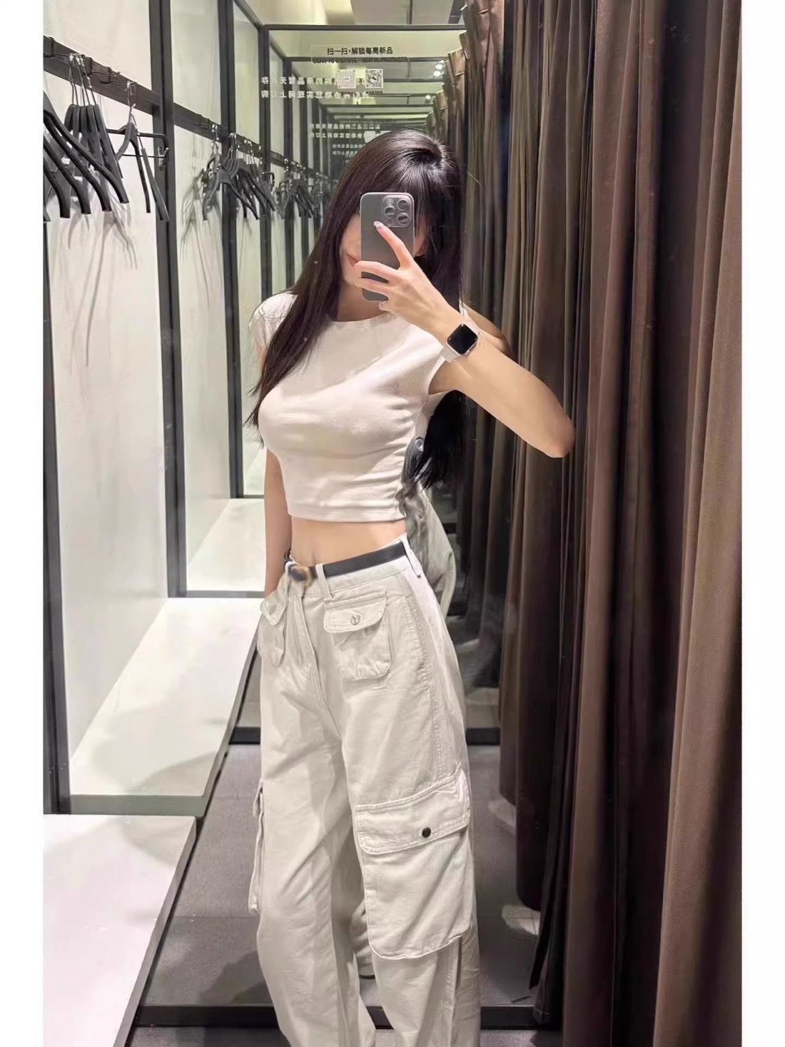 美式高街沙白色工裝褲女秋季新款高腰設計感多口袋高個子闊腿褲子