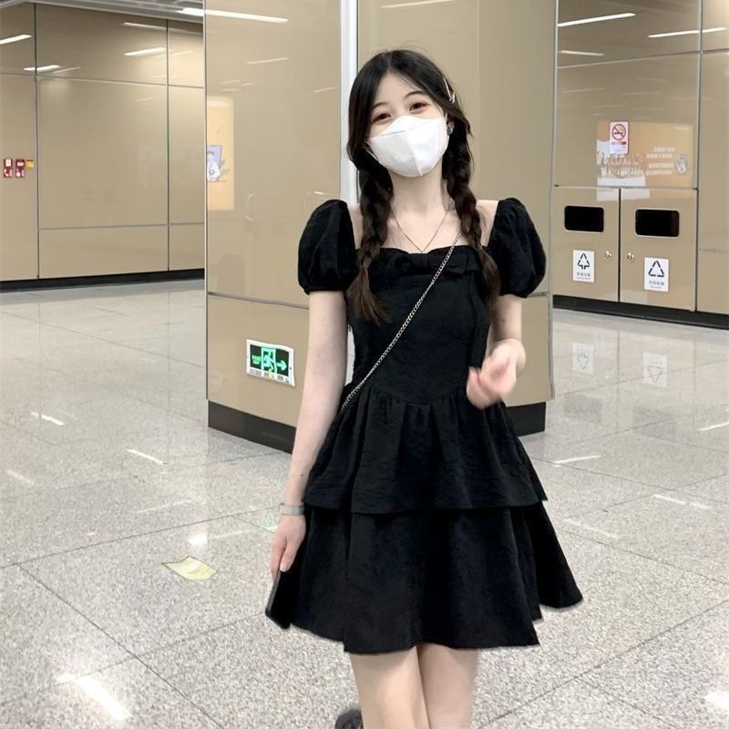 Sweet and spicy style retro ins student dress spring and summer new 2023 hot girl super fairy fluffy short skirt little black dress