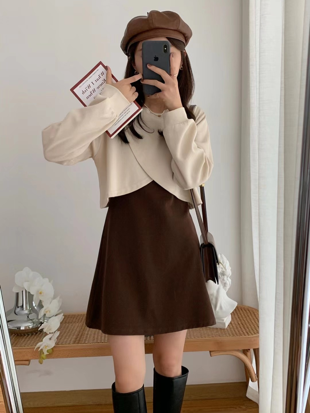 春秋新款兩件套港風小個子復古套裝連衣裙女修身顯瘦A字短裙子女