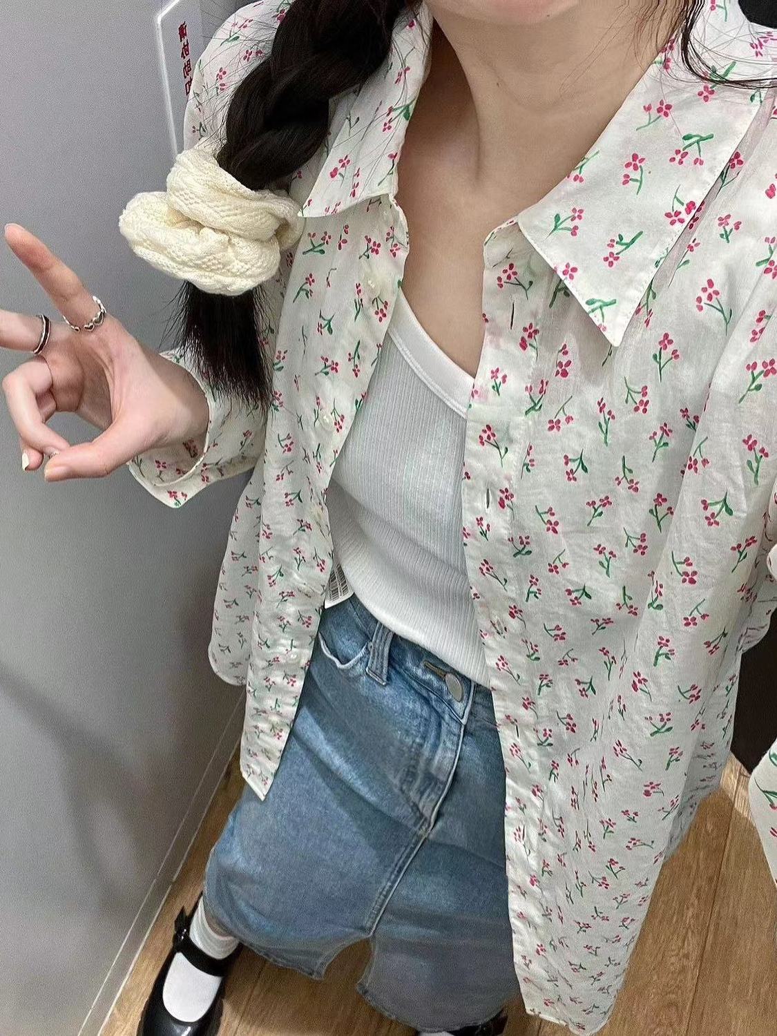 2023夏季薄款日系甜美碎花雪紡襯衫外穿女寬鬆百搭顯瘦襯衣防曬衫