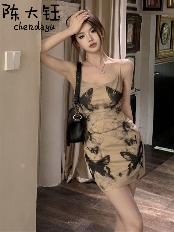 陳大鈺蝴蝶扎染純欲辣妹吊帶連衣裙女抹胸包臀a字短裙子韓版長裙