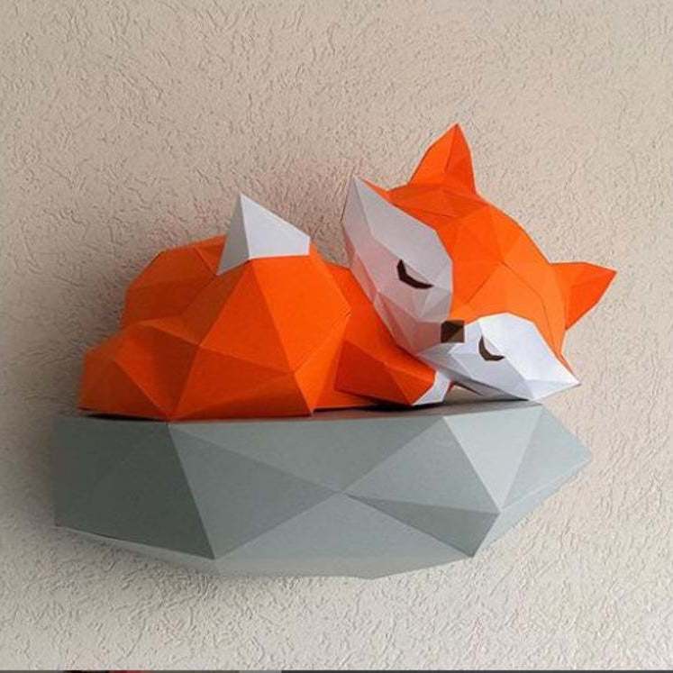 欧美创意3d纸模diy材料包躺在岩石休息的狐狸 手工制作纸模材料