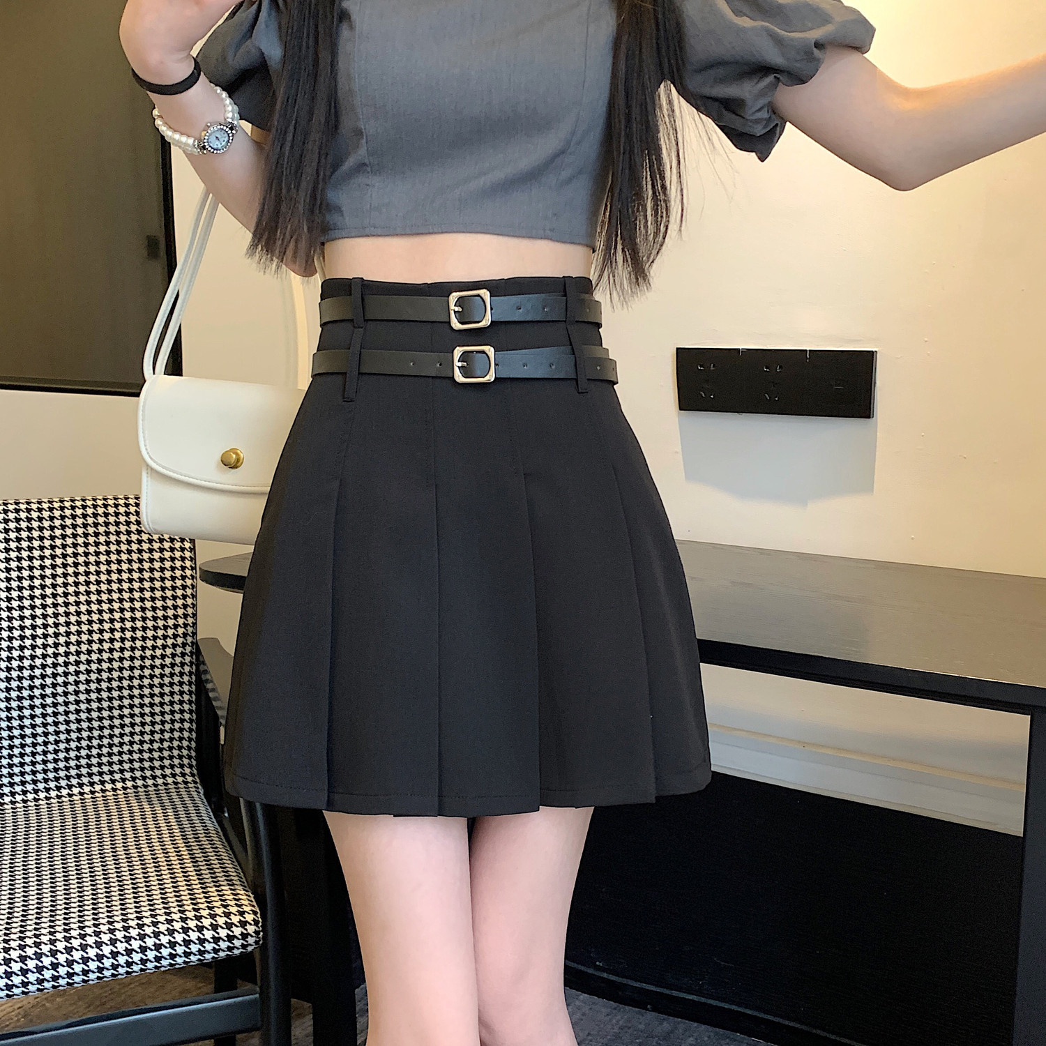 Matching Belt Grey Pleated Skirt A-line Half length Dress  Summer New High Waist Slim Skirt Anti glare Short Skirt