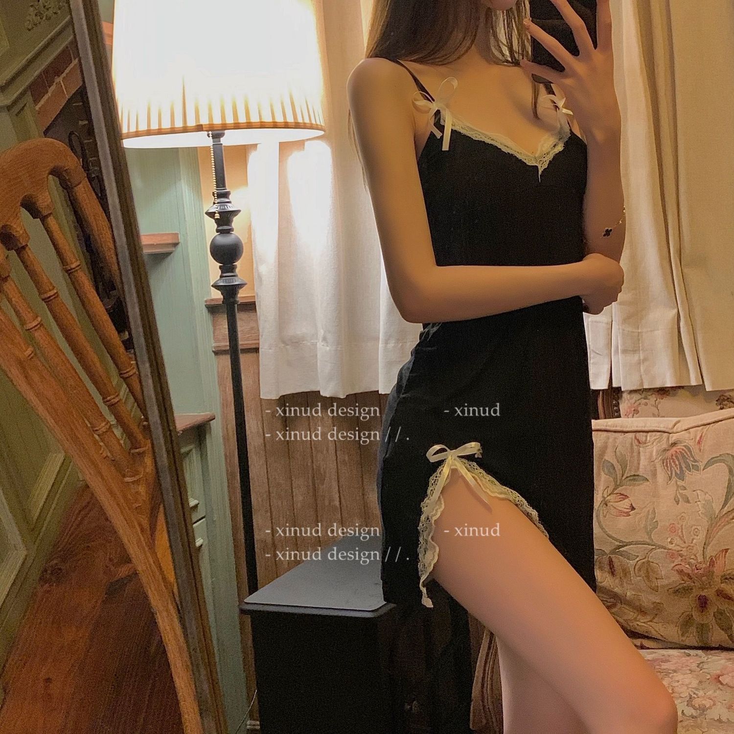Private room sexy sling nightdress female summer extreme temptation with chest pad self-cultivation nightgown dress black lace sexy pajamas