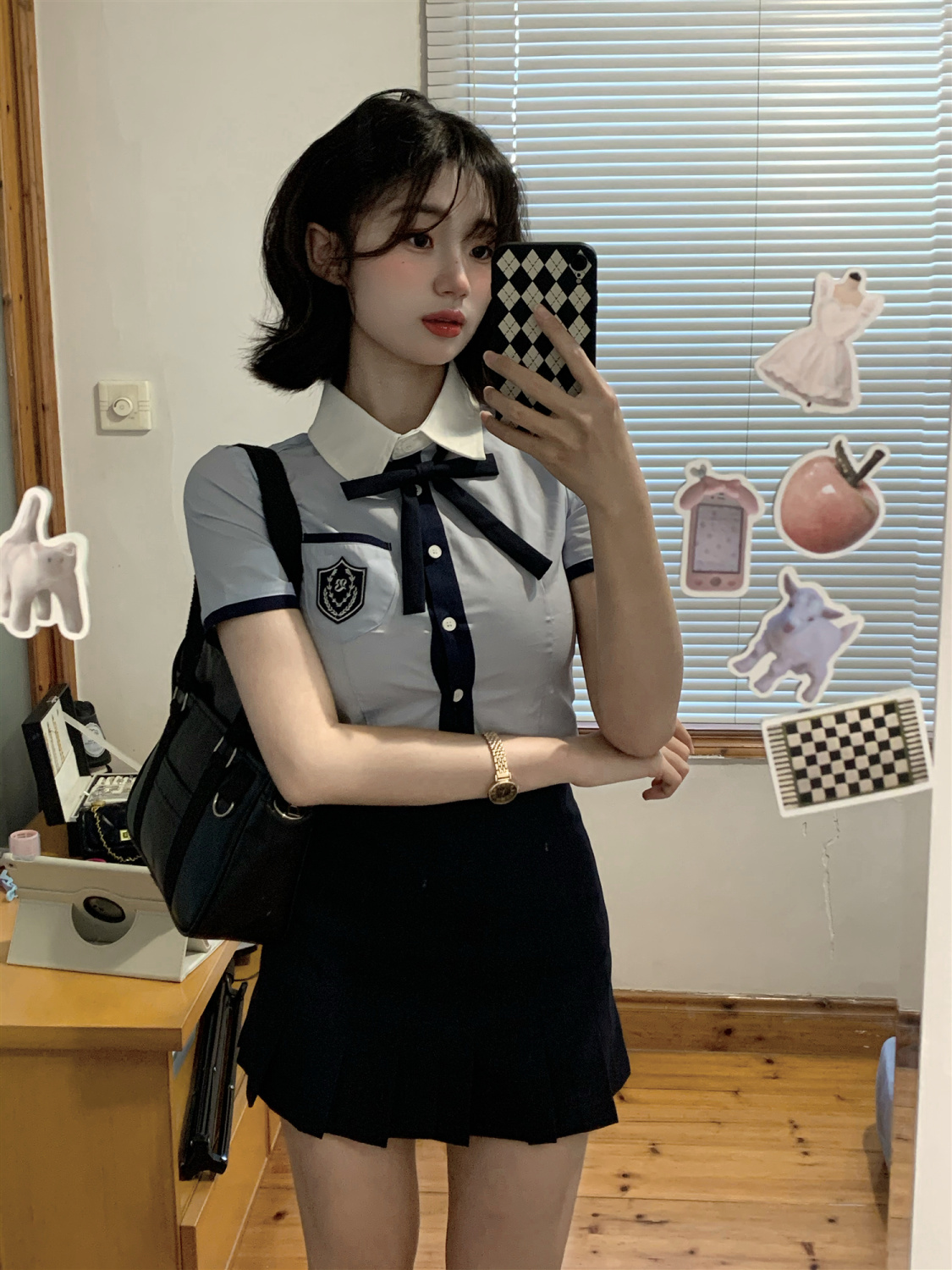 韓系制服英倫夏季學院風校供藍色襯衫小個子顯高兩件學妹套裝裙女
