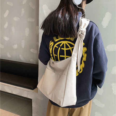 帆布包女新款大容量寬肩帶簡約單肩斜挎包ins日韓純色學生布袋包