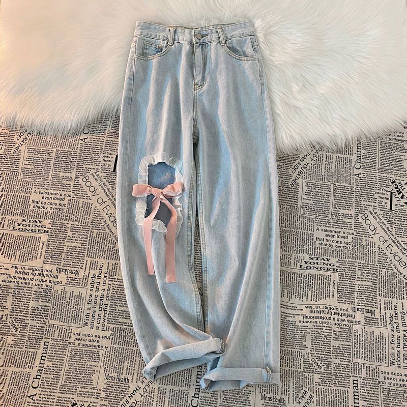 Design sense jeans trousers sweet wind bow tie lace all-match ripped holes high waist straight wide leg pants women