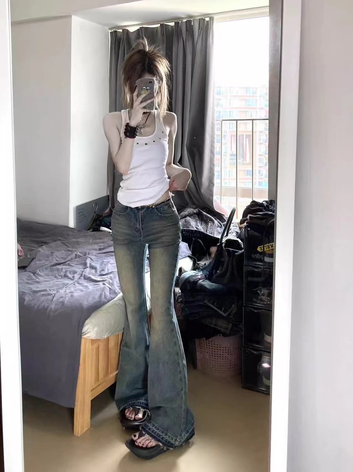 小個子復古毛邊微喇褲喇叭褲牛仔褲女美式高街辣妹低腰闊腿拖地褲