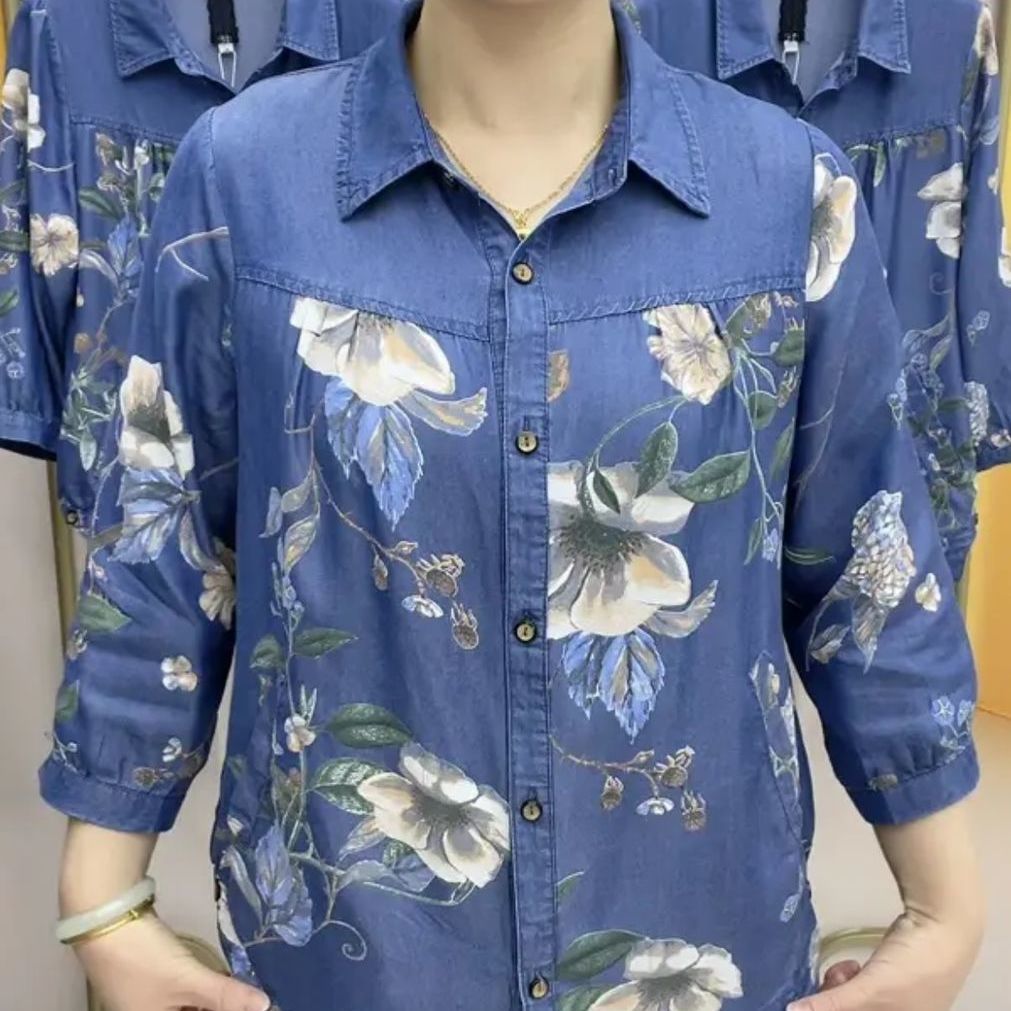 高檔輕薄牛仔襯衫女2023夏季新款水洗印花寬鬆顯瘦中老年牛仔襯衫