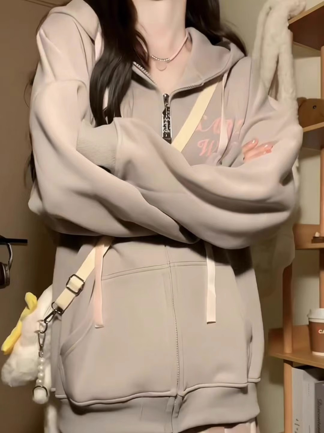 美式復古加絨可愛貓咪耳朵連帽開衫衛衣女秋冬新款寬鬆設計感外套
