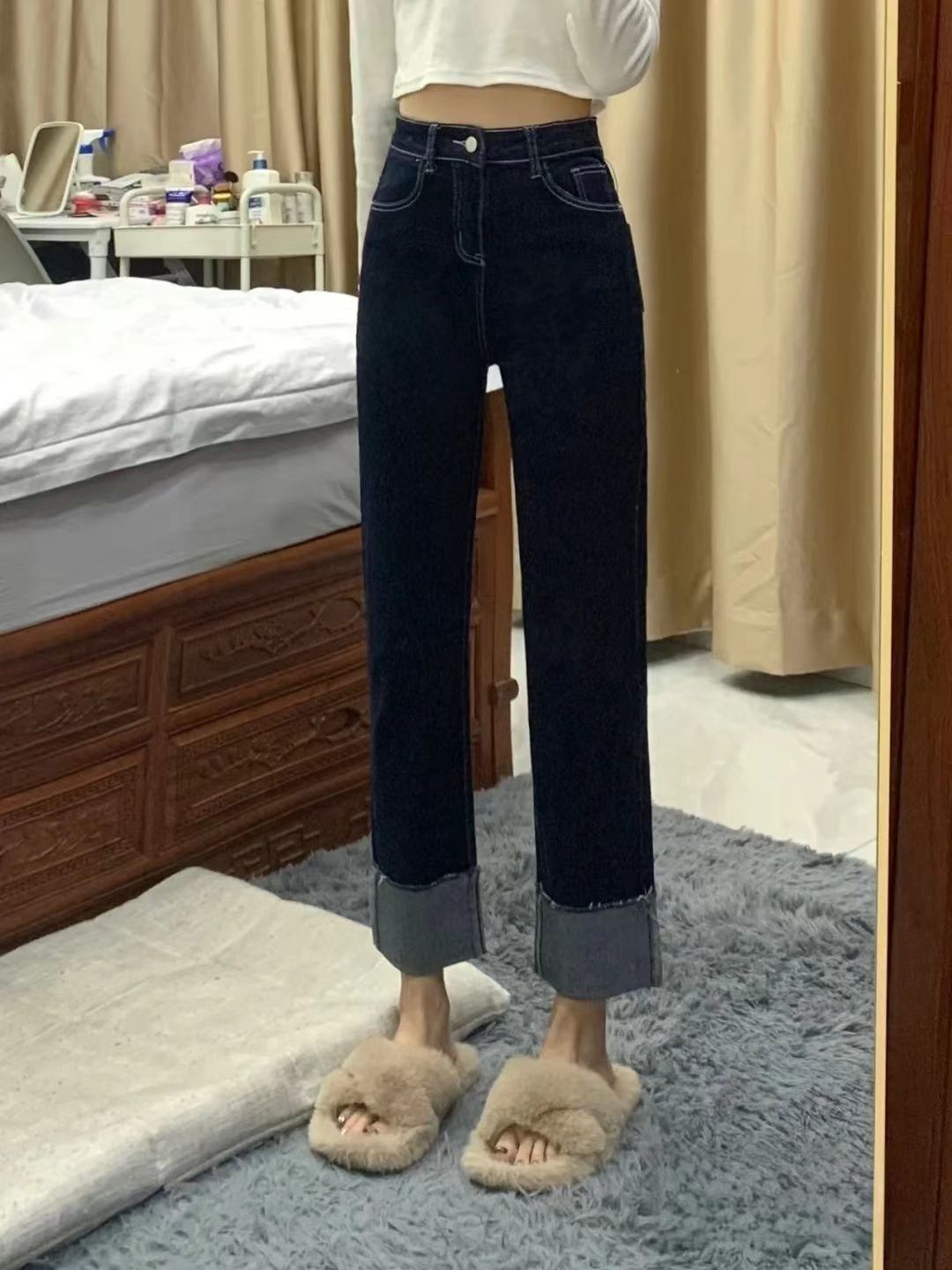 復古卷邊直筒牛仔褲女2022新款大碼胖mm高腰顯瘦顯高翻邊煙管褲子