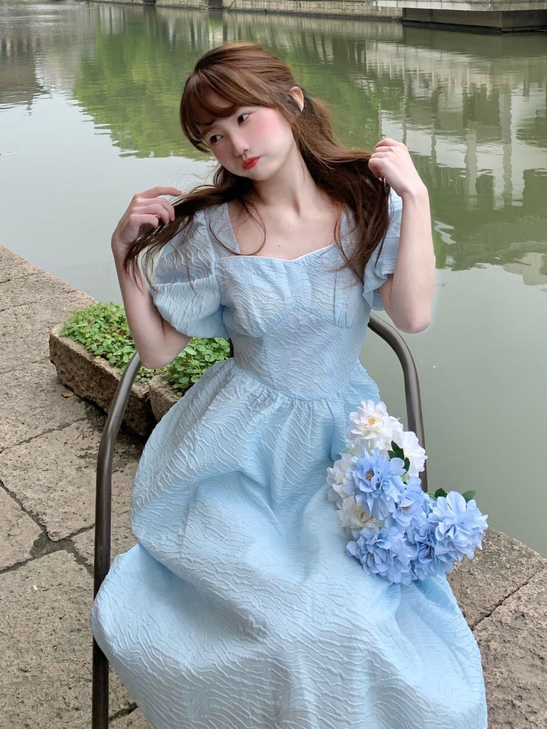 Light blue dress female  summer new Korean style back tie bow skirt puff sleeve bellflower skirt