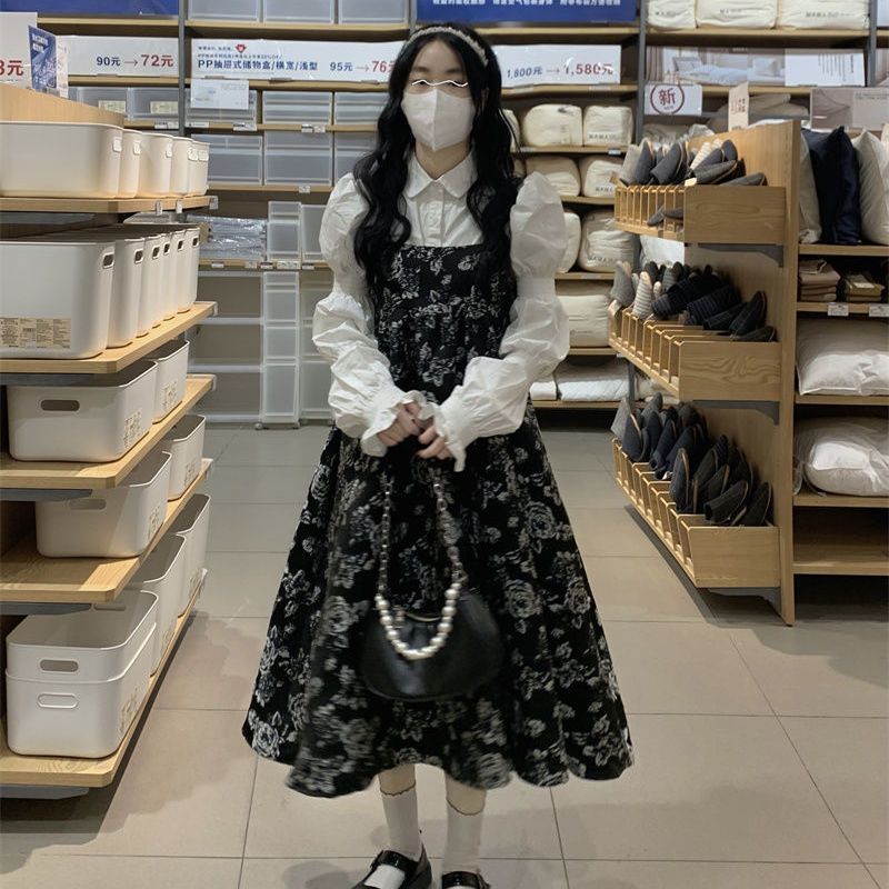 韩系法式复古中长款背带A字减龄连衣裙+泡泡袖小众长袖白衬衫套装