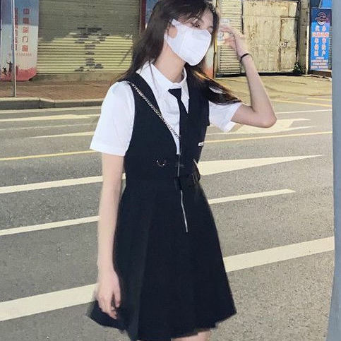 背帶連衣裙女百搭學院風短袖襯衫JK日系百褶連衣裙背帶裙兩件套裝