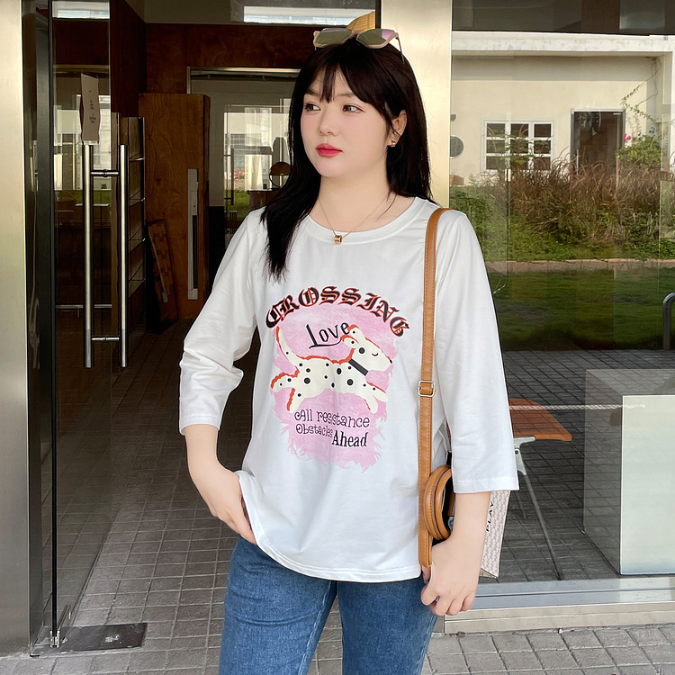胖mm大碼早秋女裝顯瘦遮肚上衣女秋季新款百搭時髦七分袖正肩T恤
