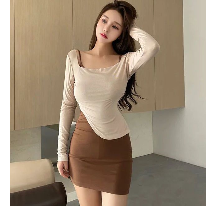 2021 autumn new square collar strapless irregular t-shirt slim fit top + suspender skirt two-piece dress