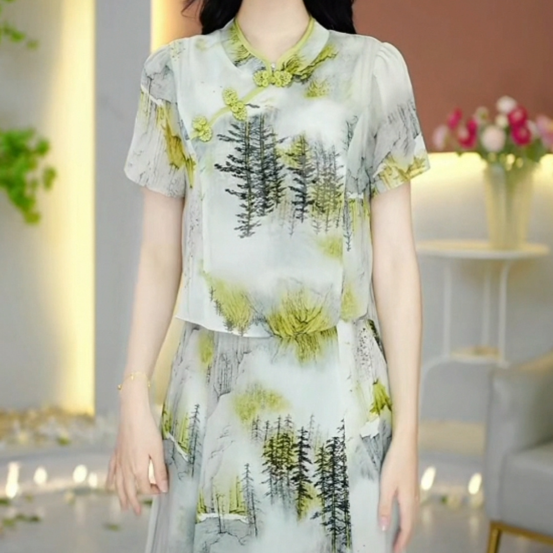 Ice Feather Silk Fake Two-Piece Dress 2023 New Women's Clothing Summer Ink Painting Antique Style Covering Meat Your Lady Western Style Skirt