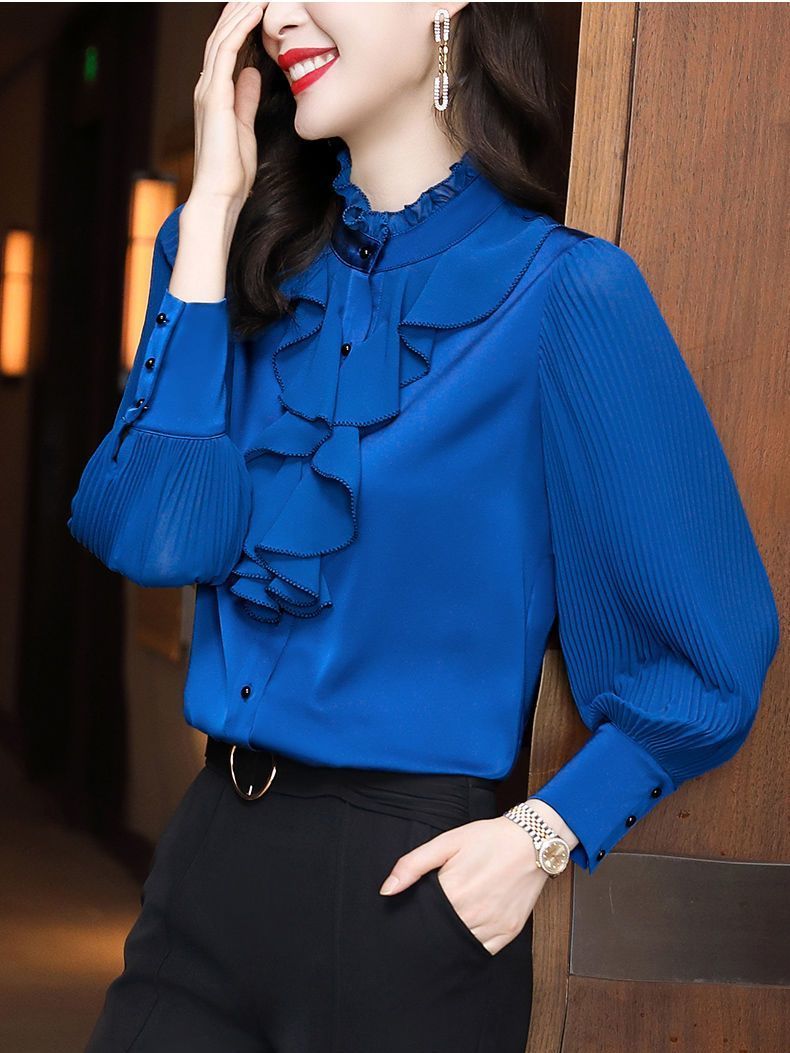 重磅真絲襯衫女木耳領2023新款春秋季時尚洋氣襯衣桑蠶絲上衣韓版