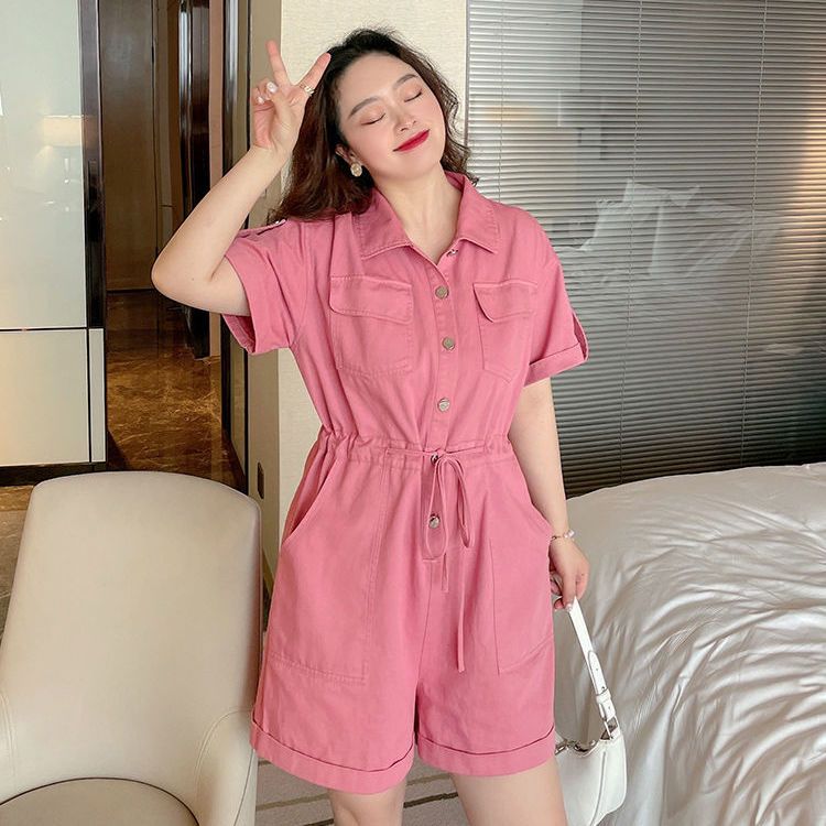 Korean version of net red summer new large size women's clothing 200 catties fat MM waist slimming solid color overalls jumpsuit suit