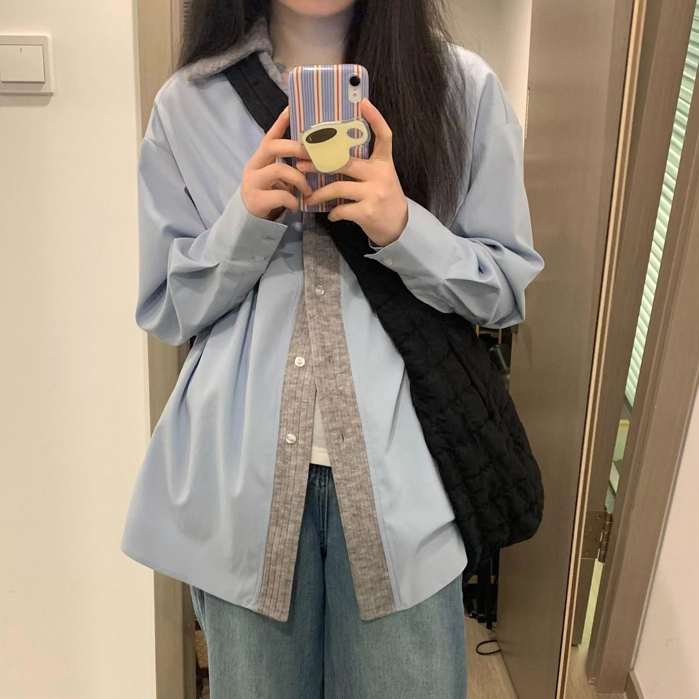 Blue is super gentle!!! [Spliced ​​shirt] polo collar cardigan long-sleeved T-shirt female INS Korean style student top