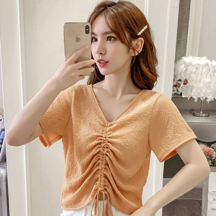 Chiffon top women's summer design niche French chic V-neck drawstring bubble wrinkle shirt sweet short-sleeved T-shirt trendy