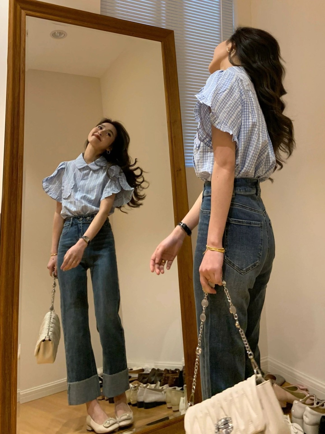兩件套裝穿搭簡約風顯瘦polo領短袖格子襯衣復古直筒牛仔褲子女潮