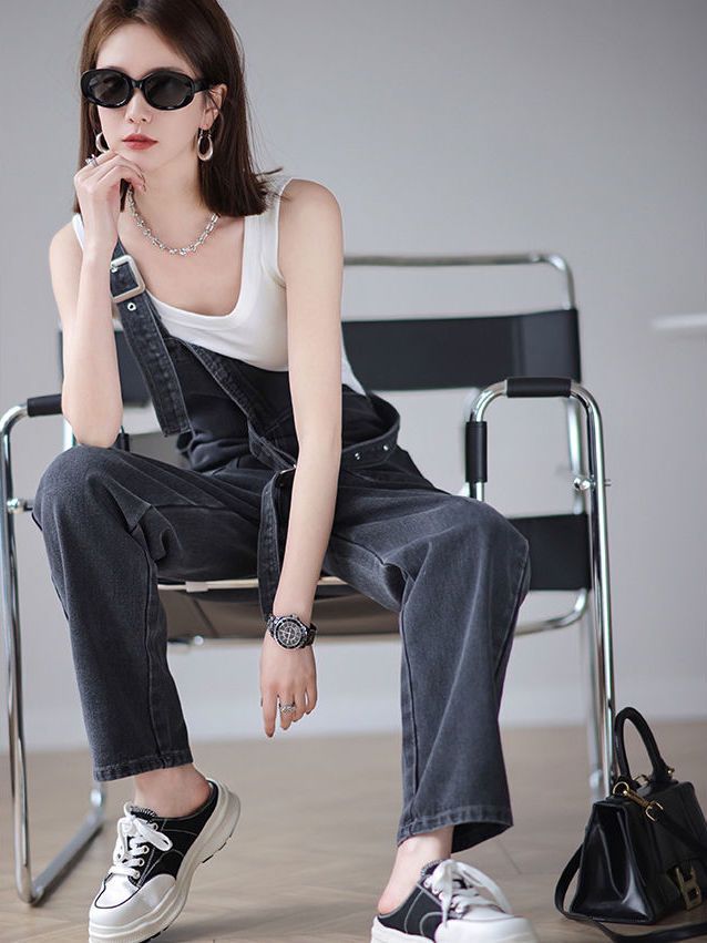 Hong Kong-style retro denim overalls female summer student high waist straight loose loose slimming age-reducing wide-leg jumpsuit