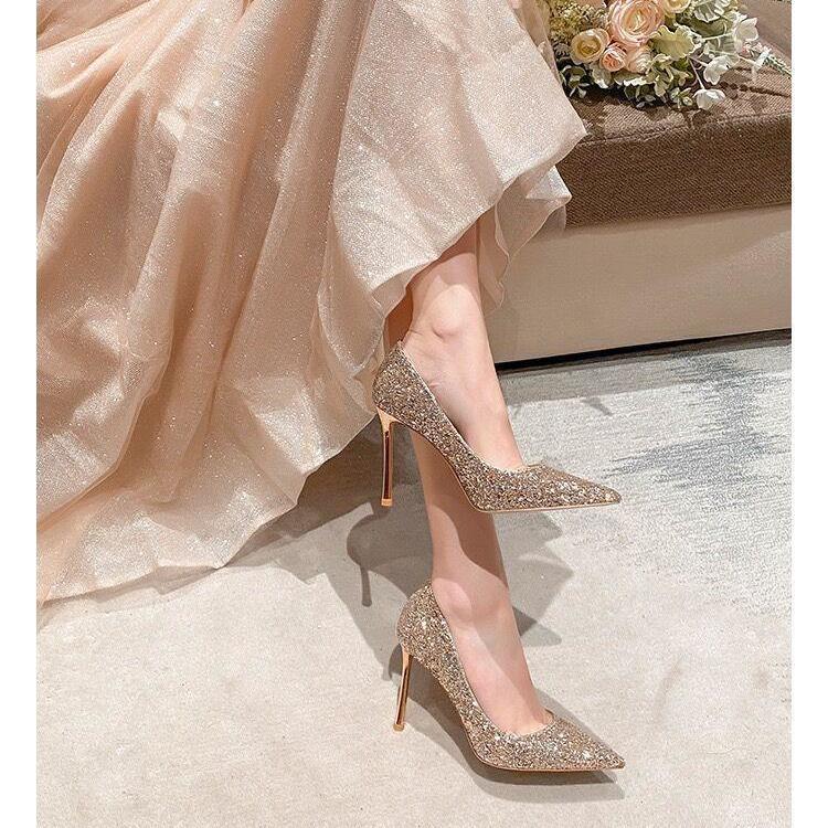 Nothing but good-looking is planted grass Miss black high heels stiletto shoes silver sequined women's shoes