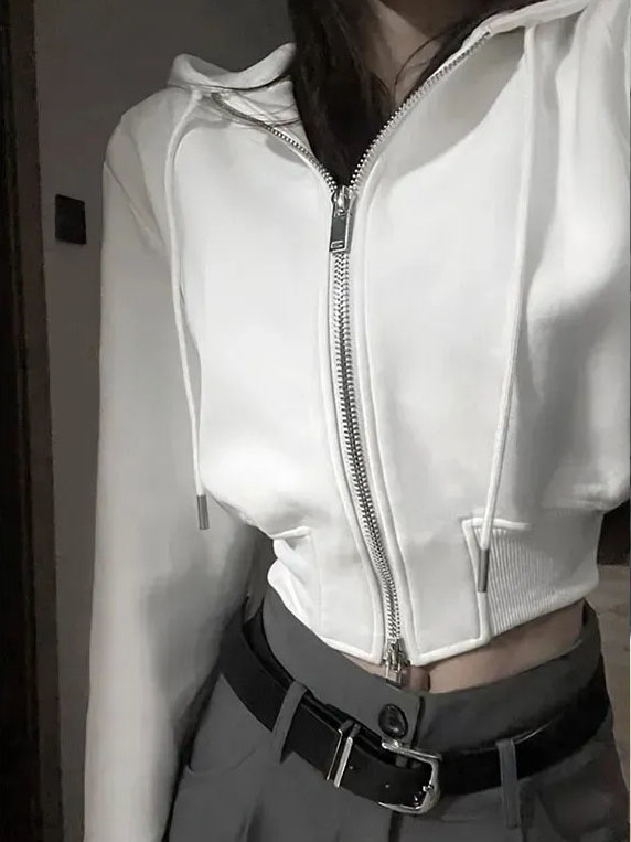 2023 American-style street high-end hooded sweater women's short section thin section waist waist temperament zipper lazy style