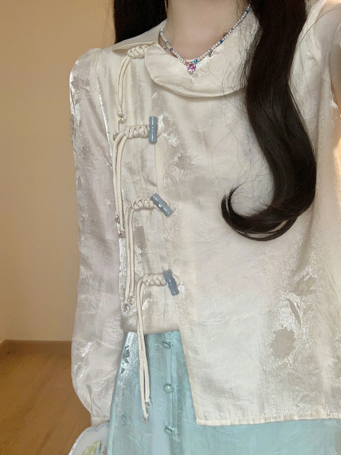 春秋款新中式中国风小众盘扣设计长袖衬衫上衣女甜美半身裙两件套