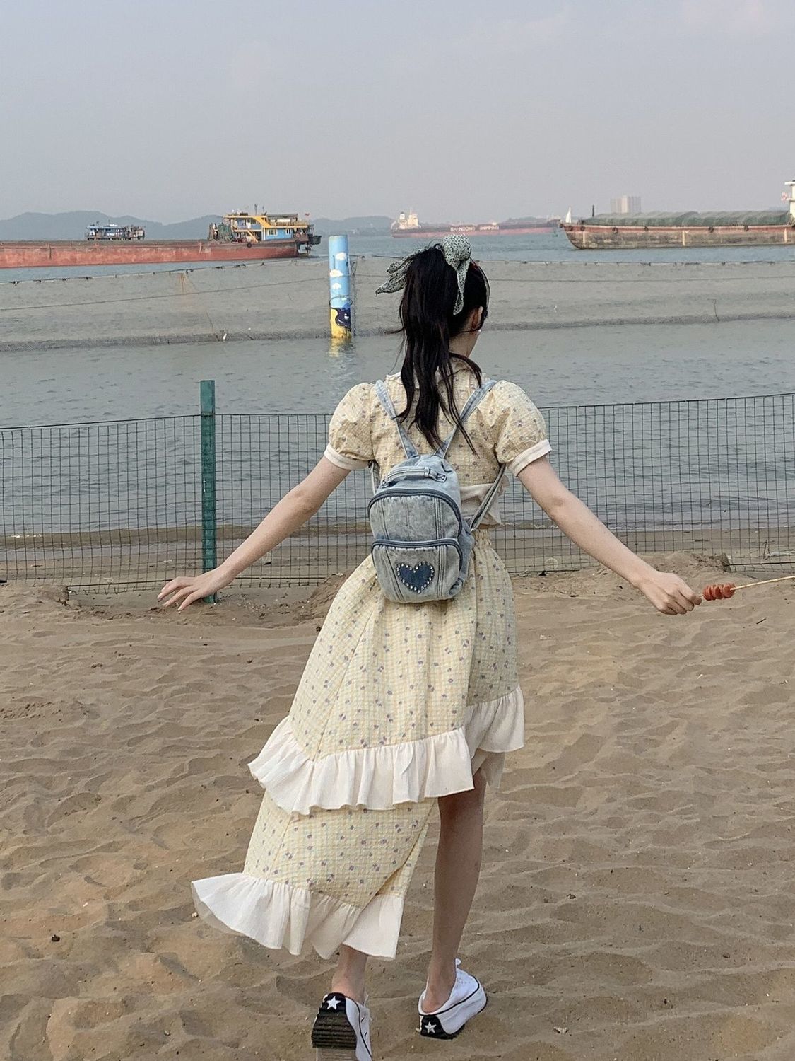 韓版元氣少女減齡娃娃領格紋碎花短款上衣+不規則荷葉邊半身裙夏