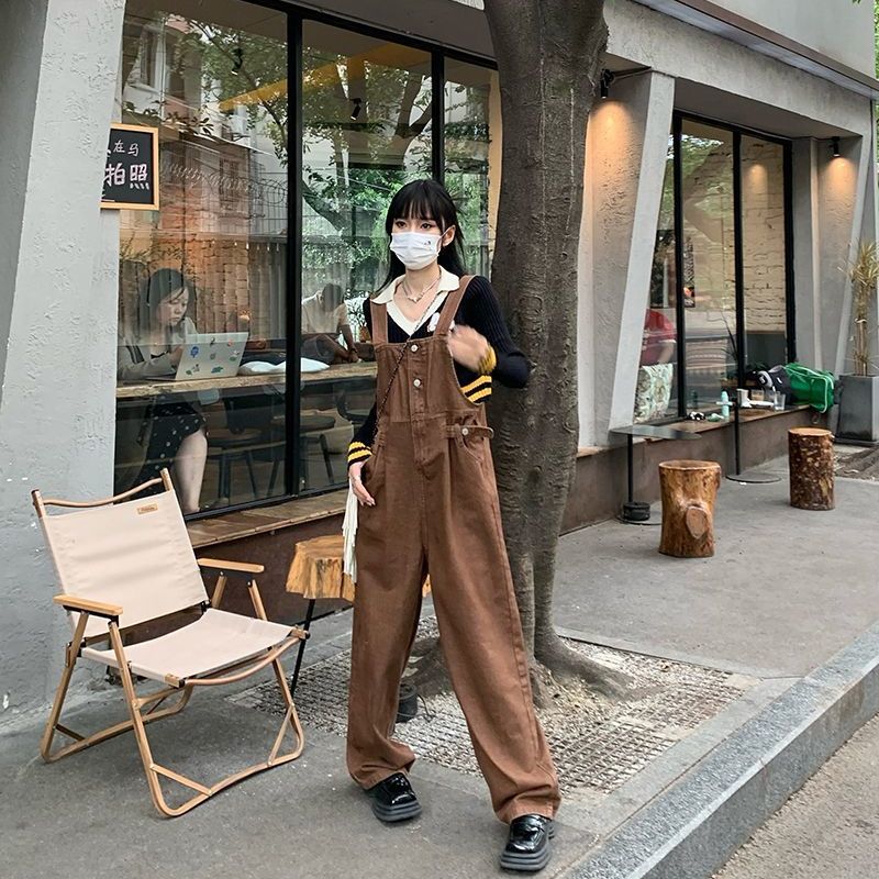  new American brown denim overalls female hot girl jumpsuit spring and autumn all-match wide-leg mopping overalls