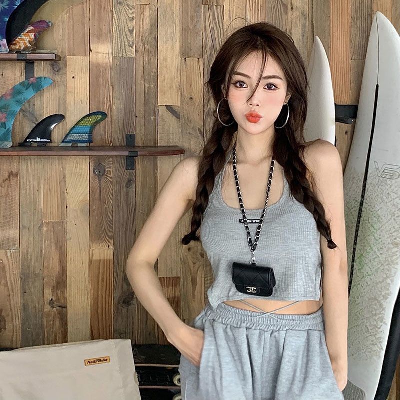 Sports style solid color simple small camisole women's  summer new slim fit thin short bottoming top