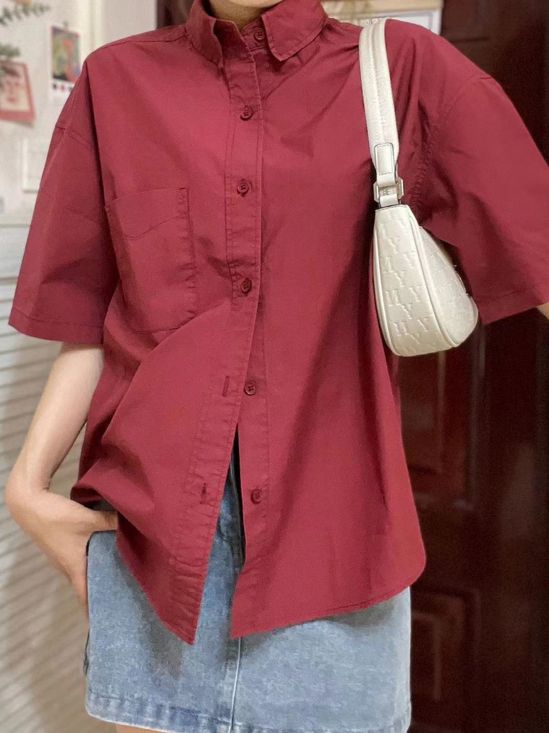 2023夏季新款日系超顯白復古酒紅色純棉短袖襯衫女寬鬆情侶款襯衣