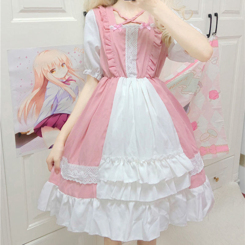 Japanese soft girl lolita bow girl daily loli splicing dress