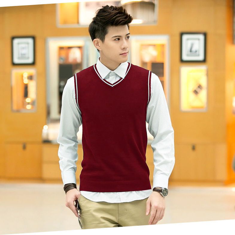 Autumn and winter new cotton wool vest men's V-neck vest wool vest shoulder sleeveless sweater knitted vest youth