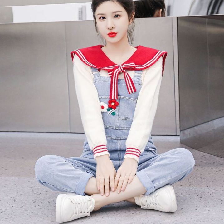秋冬季2023新款時尚牛仔背帶褲兩件套裝女設計感小個子毛衣連體褲