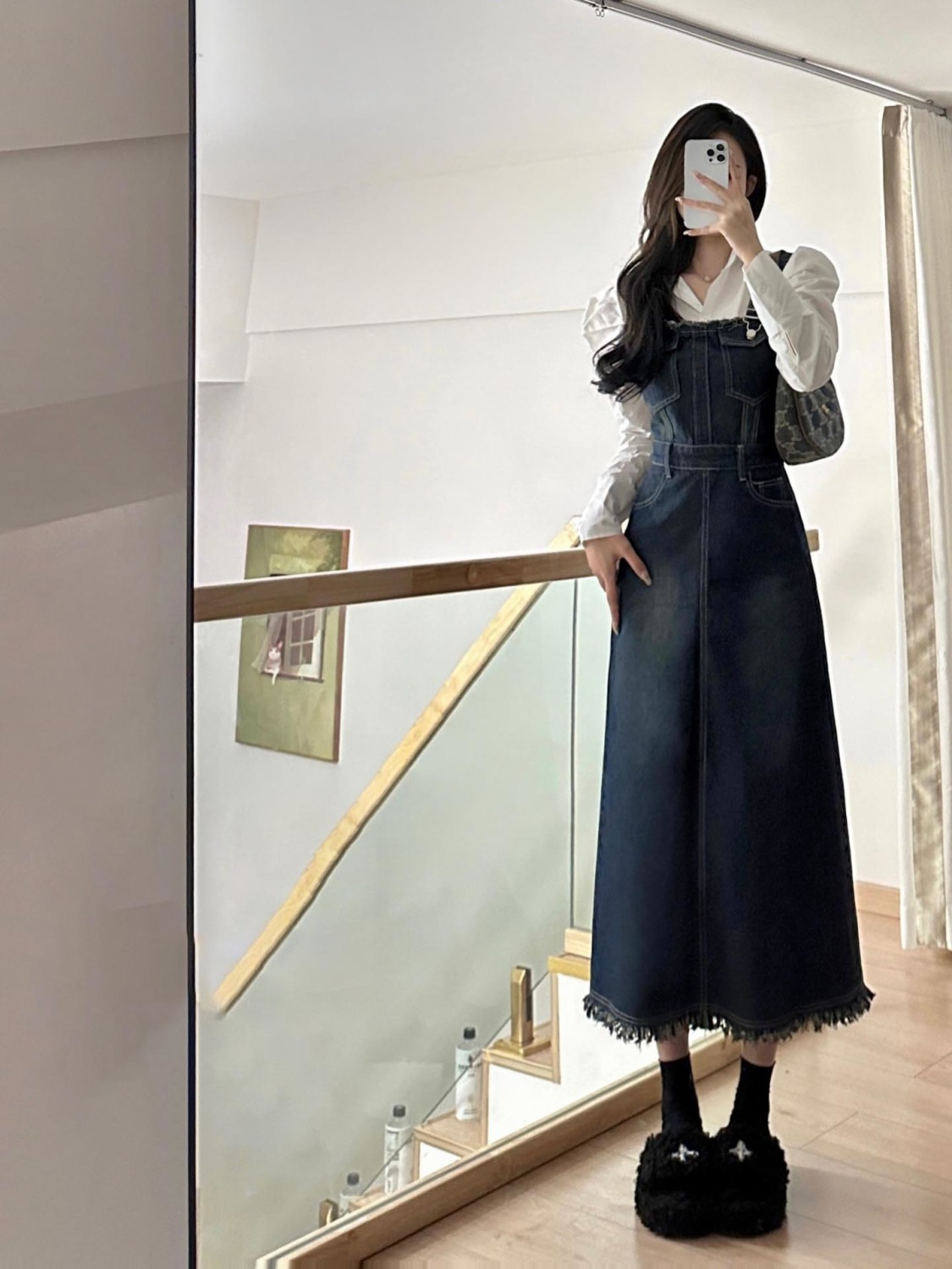 Korean retro denim suspender skirt for female students, sweet and high-end mid-length dress + shirt one-piece suit