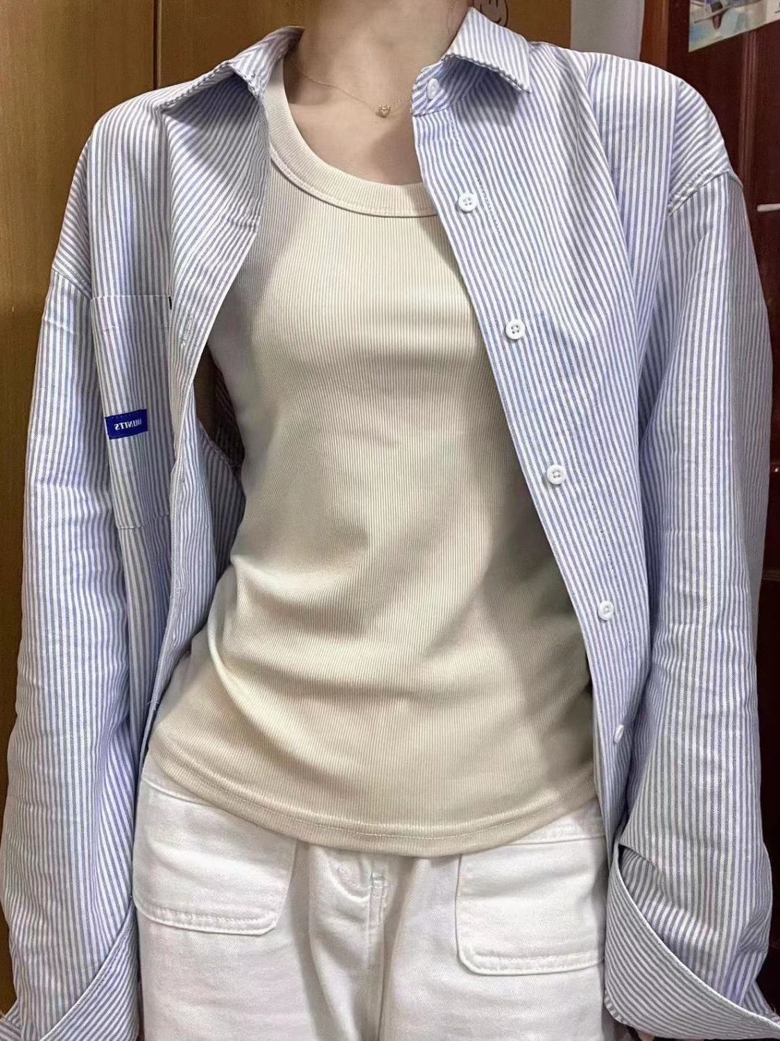 復古chic條紋襯衫女春夏新款寬鬆休閒襯衣防曬衫百搭顯瘦上衣外穿
