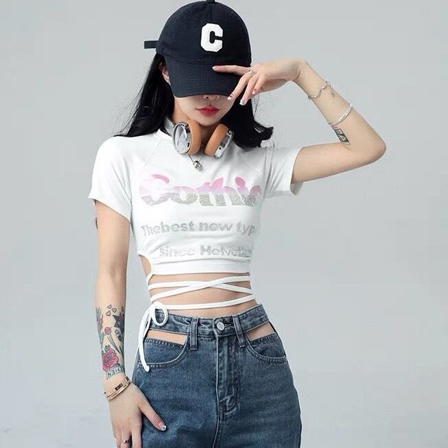 Ins salt short section waistless European and American t-shirt female student sweet and spicy fashion all-match high waist hot girl tie-up top summer