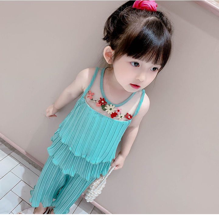 Girls Summer 2020 foreign style girl baby Chiffon suit thin little girl Princess vest two piece set 1-3 years old 6 tide