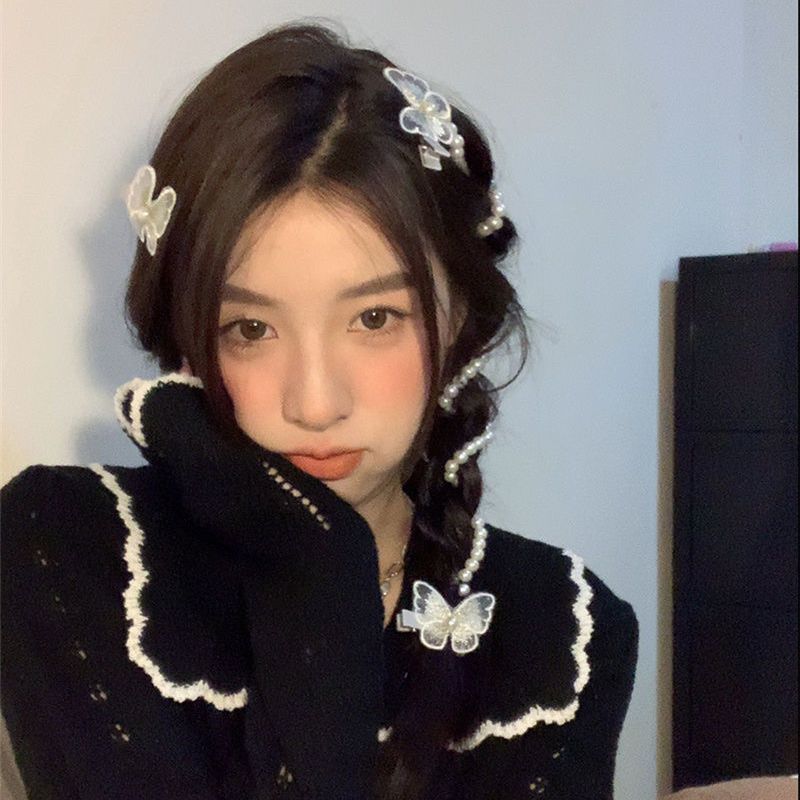 Yang Chaoyue's same style pearl braided hair chain side hair accessories bow hair clip headdress internet celebrity 2021 new style