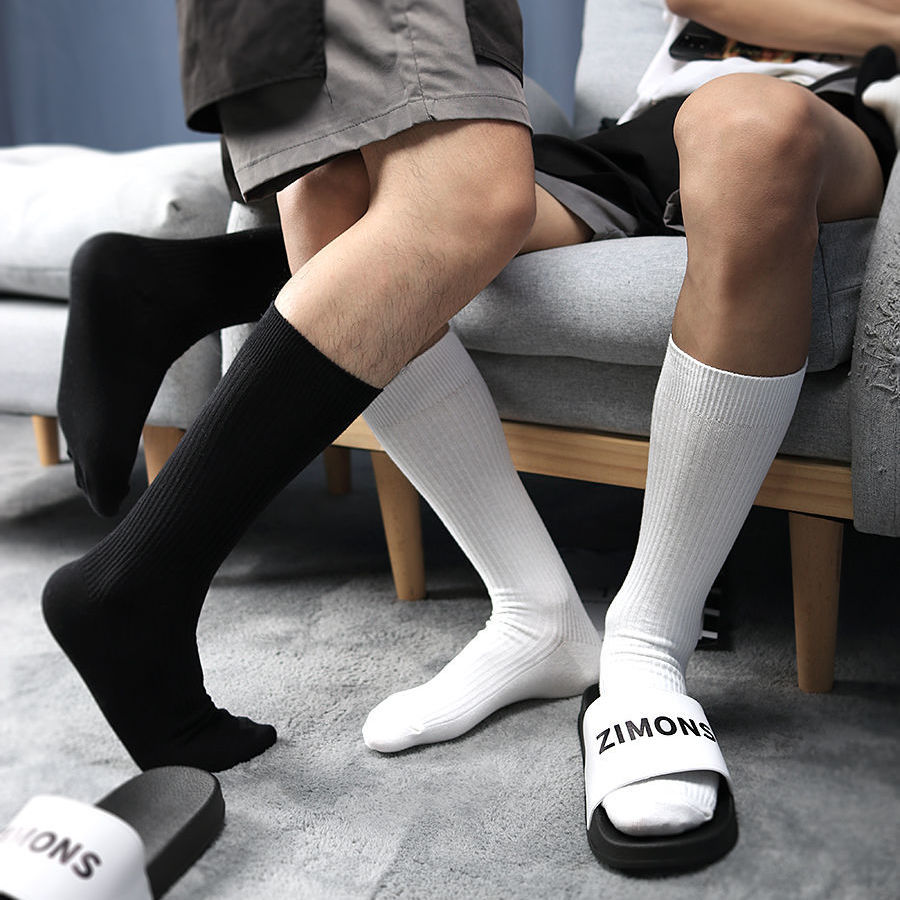 Men's spring and summer black and white high long socks all-match tide solid color college style cotton business gentleman breathable sweat
